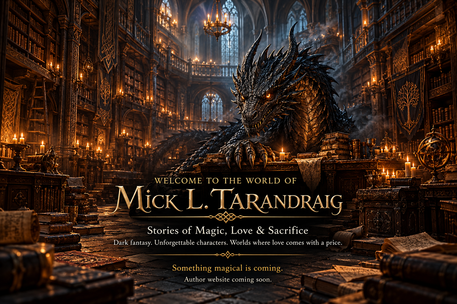 Welcome to the world of Mick L. Tarandraig. A formidable black dragon guards an ancient candlelit library. Stories of Magic, Love and Sacrifice. Dark fantasy. Unforgettable characters. Worlds where love comes with a price. Something magical is coming. Author website coming soon.